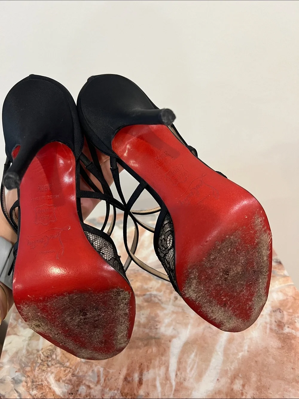 Christian Louboutin Black Lace Strappy Stiletto Sandals